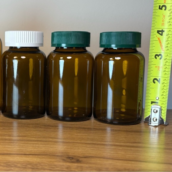 Set of Amber Glass Medicine Bottles Jars with Black White & Green Lids, [5 Jars] - Picture 4 of 5